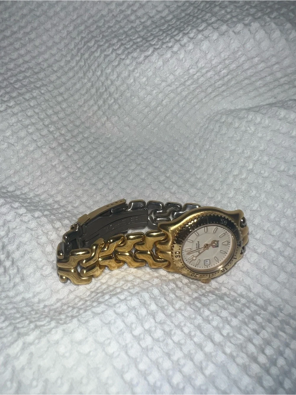 Tag Heuer Gold Tone Watch with Cream Dial and Black Bezel Accents 28mm
